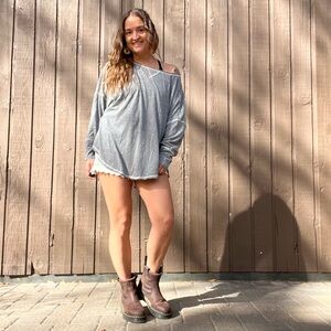 Free People We The Free Gray Long Sleeve Top Oversized Raw Hem Casual Medium